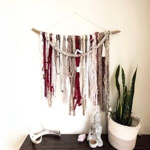 Boho Fiber Art Wall Hanging Macrame Ecru Red Brown Handcrafted Mixed Media Decor